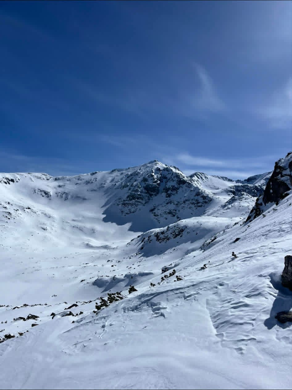 View of the snowy Rila peaks